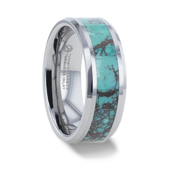 Women’s princess-cut rings-Tungsten Men's Wedding Band with Turquoise Spider Web Inlay