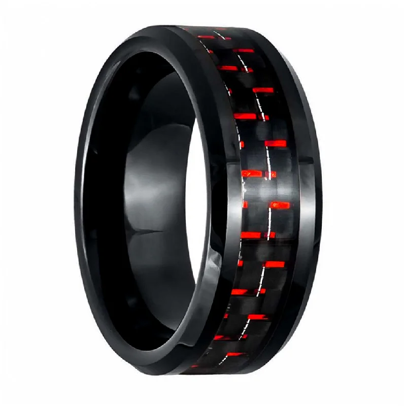 Women’s rings with sapphire gemstones-Red Carbon Fiber Inlay Black Tungsten Men's Wedding Band