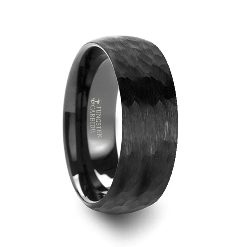 Women’s promise rings-Hammered Black Tungsten Domed Men's Wedding Band