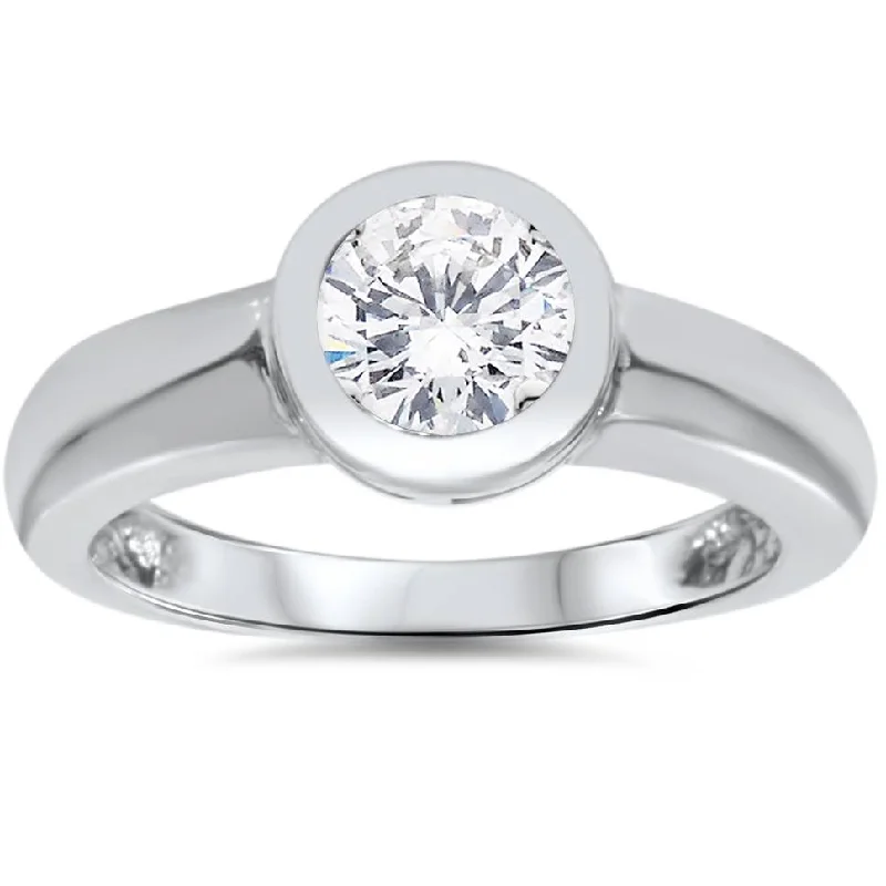 Engagement rings with halo settings and diamonds-1ct Bezel Set Solitaire Diamond Engagement Ring 14K White Gold Round Enhanced