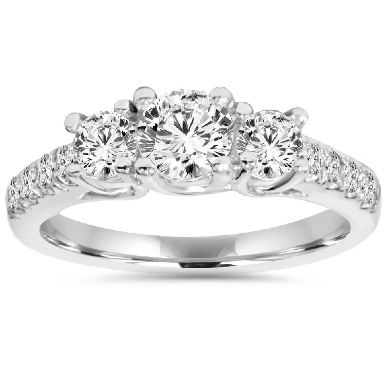 Engagement rings with vintage bands-1 1/6ct 3 Stone Genuine Diamond Engagement Ring 14K White Gold