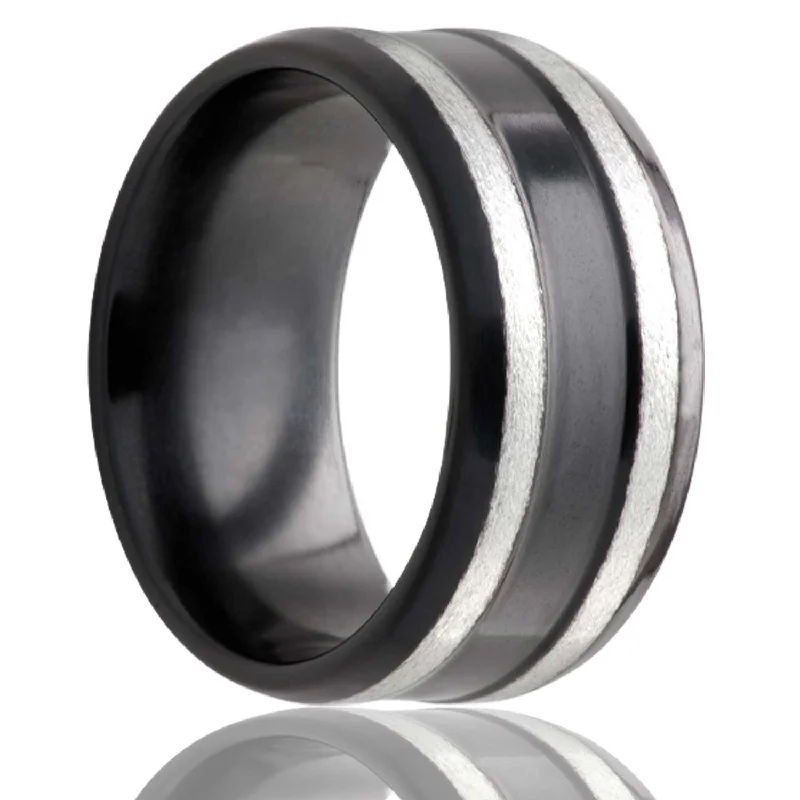 Women’s wedding bands with diamonds-Satin Finish Zirconium Wedding Band with Dual Stripes & Beveled Edges