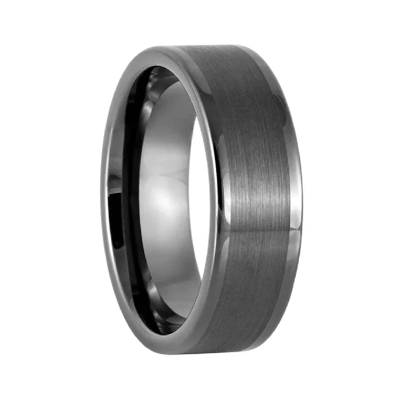 Women’s mixed metal rings-Brushed Gunmetal Gray Tungsten Men's Wedding Band with Polished Edges