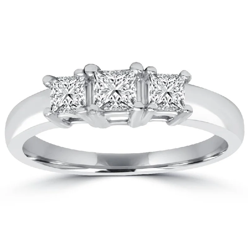 Women’s double halo engagement rings-1ct Three Stone Princess Cut Diamond Engagement Ring 14K White Gold