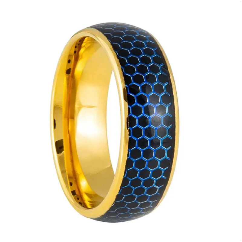 Luxurious platinum rings for women-Blue & Black Honeycomb Inlay Gold Tungsten Men's Wedding Band