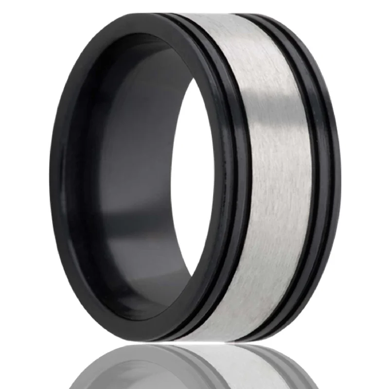 Custom silver rings for women-Satin Finish Grooved Zirconium Wedding Band with Grooved Edges