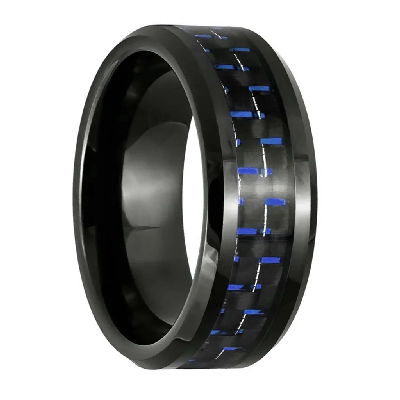 Custom-designed women’s rings-Blue & Black Carbon Fiber Inlaid Black Tungsten Men's Wedding Band