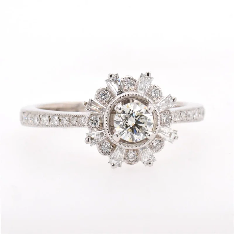 Women’s vintage-inspired engagement rings-14K White Gold Flower Motif Engagement Ring