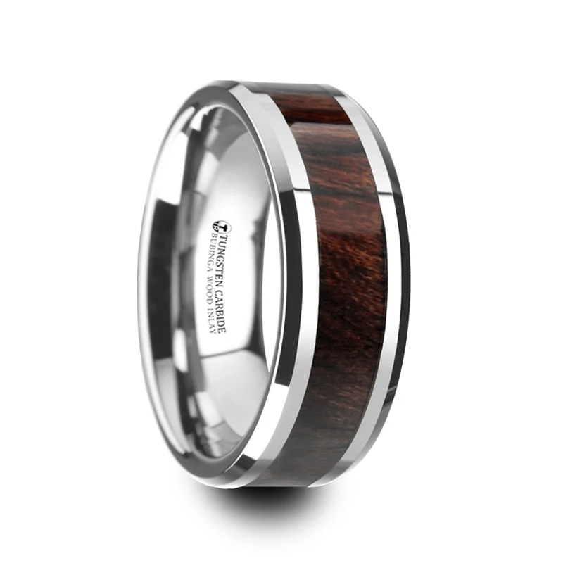 Women’s rings with gemstones-Tungsten Wedding Band with Bubinga Wood Inlay