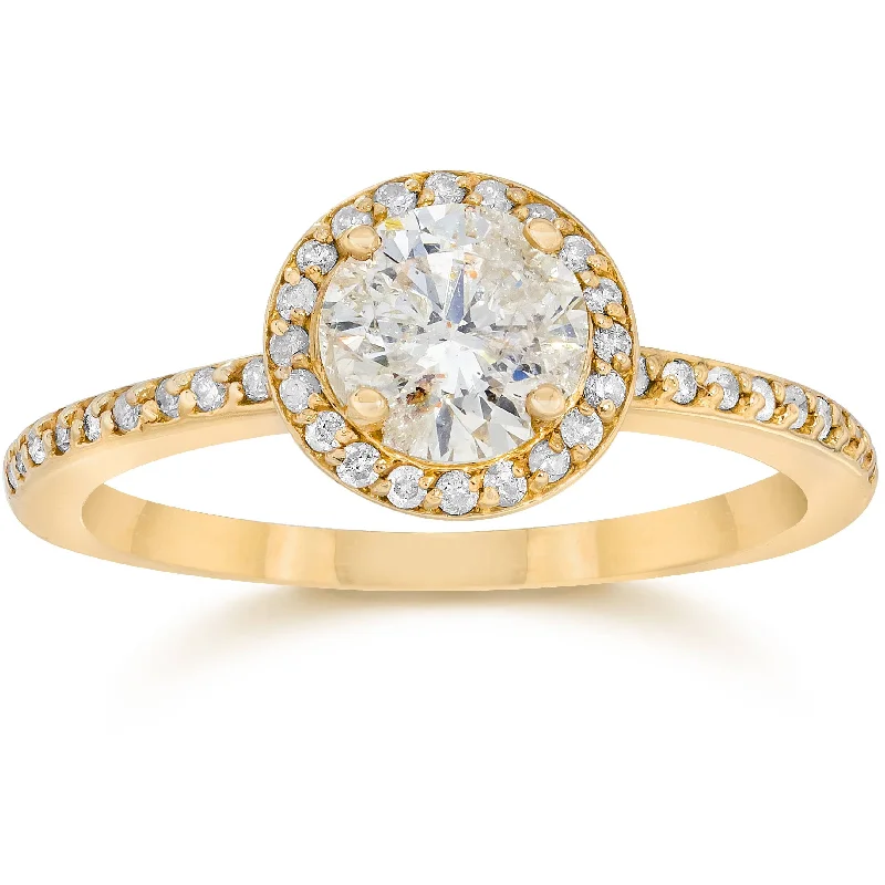 Women’s engraved gold engagement rings-7/8 Carat Diamond Halo Engagement Ring 14K Yellow Gold