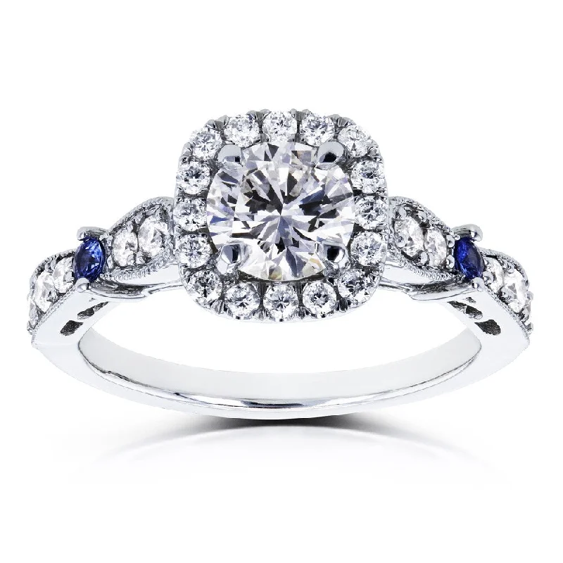 Women’s vintage-style engagement rings with diamonds-Annello by Kobelli Certified Platinum 1 1/5ct TCW Diamond and Sapphire Vintage Style Halo Engagement Ring (F, SI1)