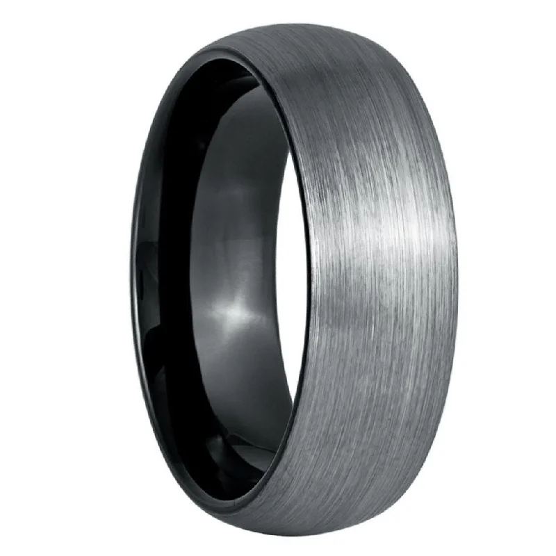 Custom silver rings for women-Brushed Domed Tungsten Men's Wedding Band with Contrasting Black Interior