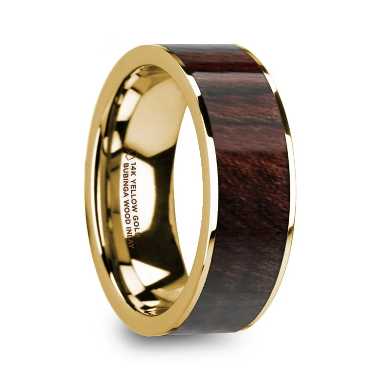 Women’s adjustable rings-Bubinga Wood Inlay 14k Yellow Gold Men's Wedding Band