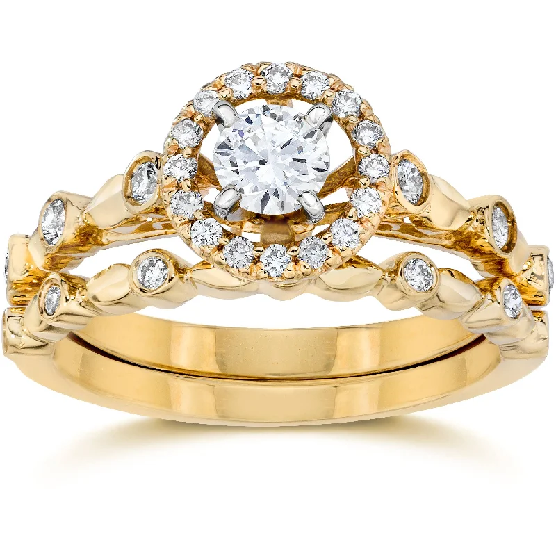 Engagement rings with lab-grown diamonds-1/2 cttw Halo Diamond Engagement Wedding Ring Set 14K Yellow Gold