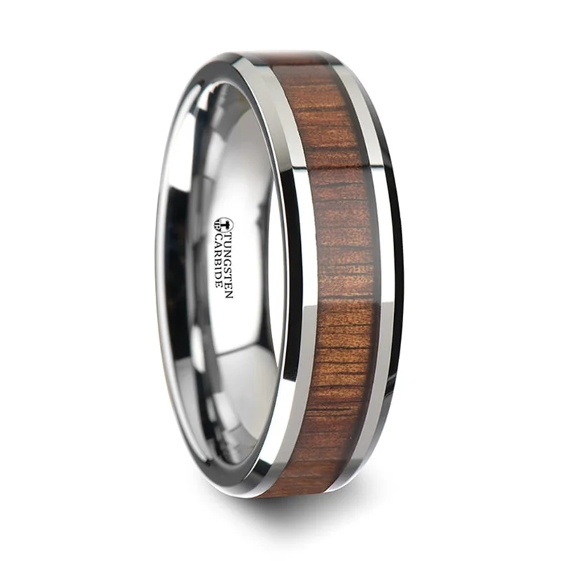 Women’s rings with ruby accents-Tungsten Wedding Band with Koa Wood Inlay