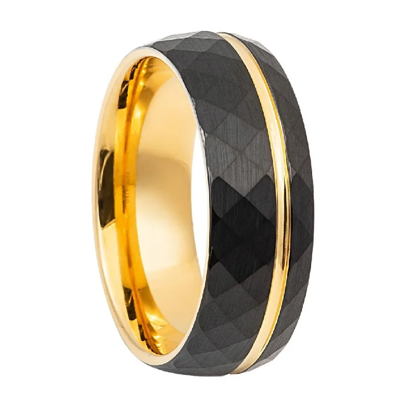 Women’s gemstone cocktail rings-Faceted Black Tungsten Men's Wedding Band with Asymmetrical Gold Groove