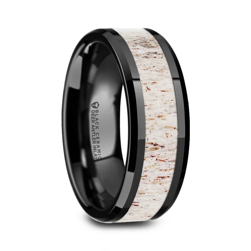 Women’s rings with intricate carvings-Black Ceramic Men's Wedding Band with Deer Antler Inlay