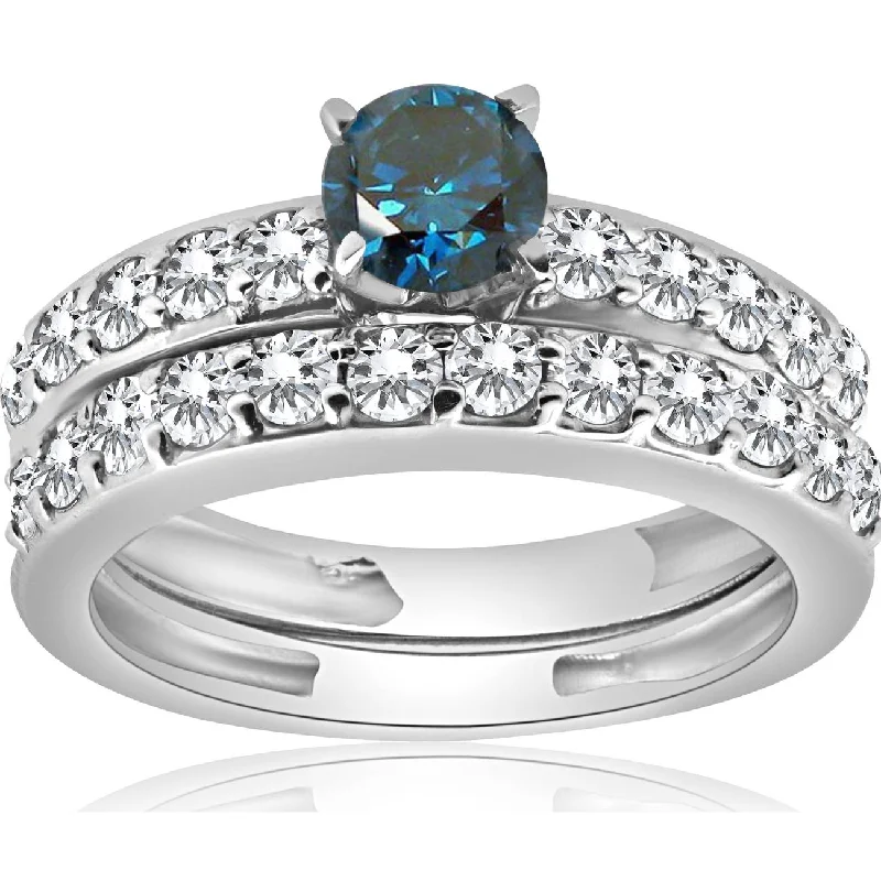 Engagement rings with pear-shaped diamonds-1 3/8Ct Blue Round Cut Diamond Matching Bridal Engagement Ring Set White Gold