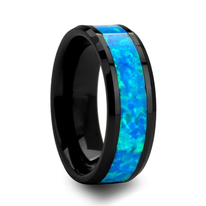 Women’s rings with gemstones-Black Ceramic Wedding Band with Blue & Green Opal Inlay