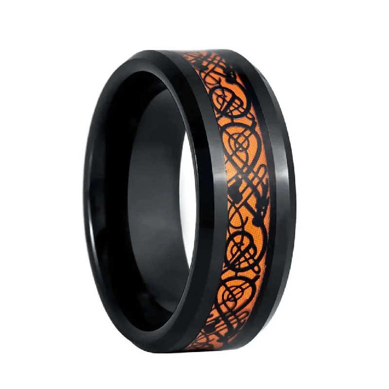 Stylish women’s rings with unique designs-Orange Celtic Dragon Inlay Black Tungsten Men's Wedding Band