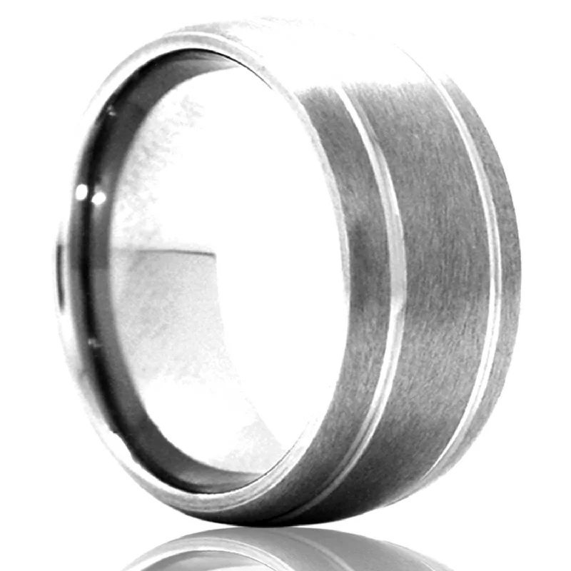 Women’s cocktail rings-Domed Satin Finish Cobalt Wedding Band with Grooved Edges