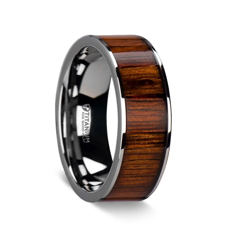 Women’s wedding rings-Flat Titanium Men's Wedding Band with Koa Wood Inlay