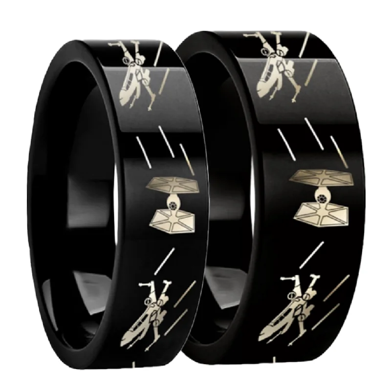 Women’s mixed metal rings-Star Wars Tie Fighter X Wing Black Tungsten Couple's Matching Wedding Band Set