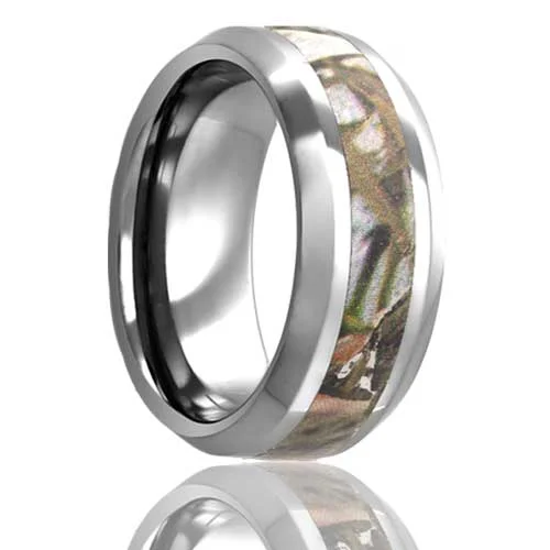 Women’s rings with sapphire gemstones-Leaf Camo Inlay Tungsten Men's Wedding Band with Beveled Edges