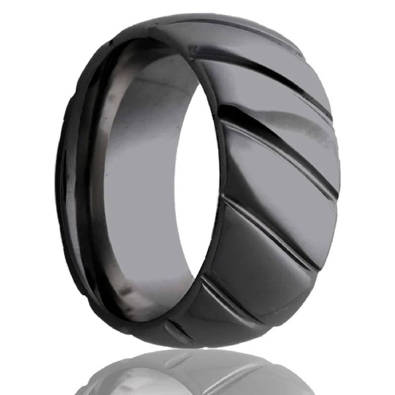 Affordable engagement rings for women-Diagonal Grooves Domed Zirconium Men's Wedding Band