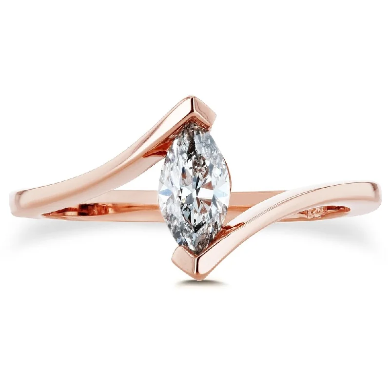 Vintage engagement rings for women-Annello by Kobelli 14k Rose Gold Certified 1/2 Carat Solitaire Marquise Diamond Chevron Engagement Ring