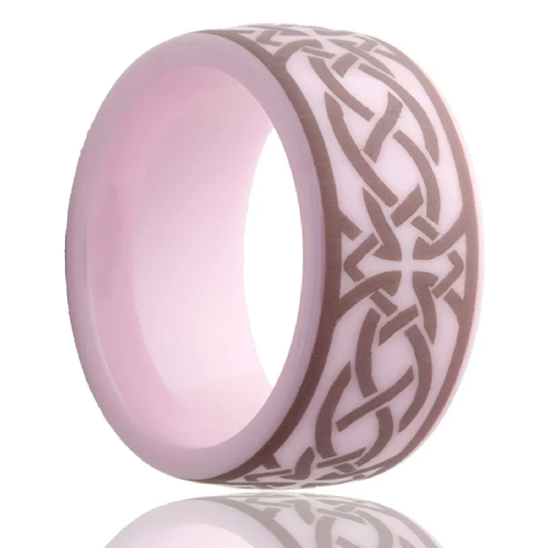 Unique engagement rings for women-Celtic Cross Knot Domed Pink Ceramic Men's Wedding Band