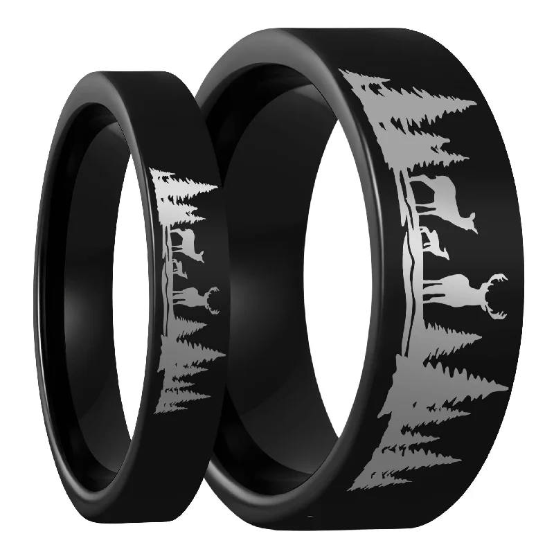 Women’s rings with emerald-cut diamonds-Deer & Landscape Scene Black Tungsten Couple's Matching Wedding Band Set