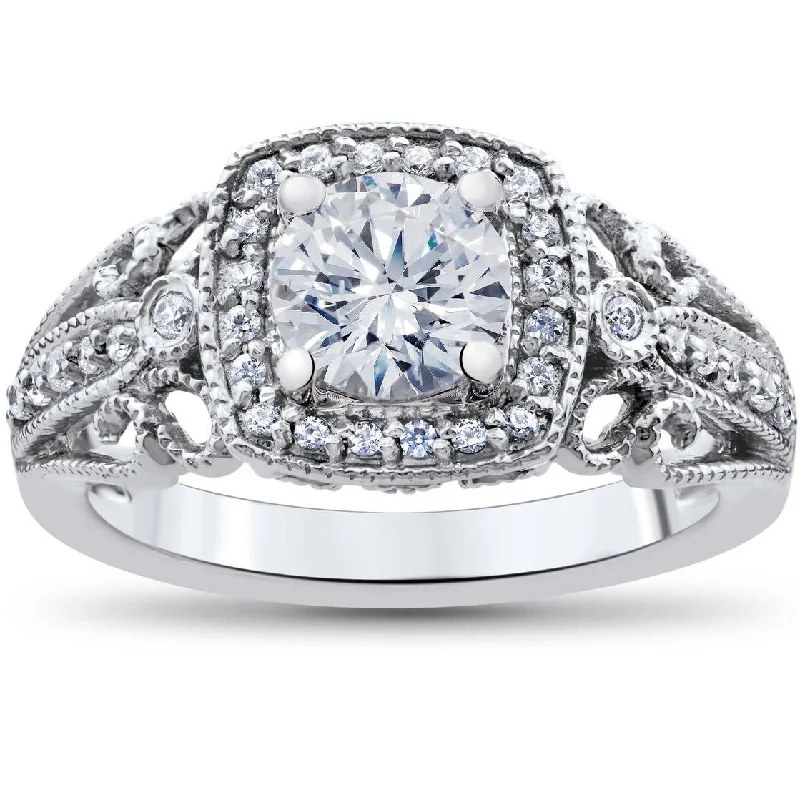 Engagement rings with three-stone design-1 1/3ct Vintage Enhanced Diamond Engagement Cushion Halo Ring 14K White Gold