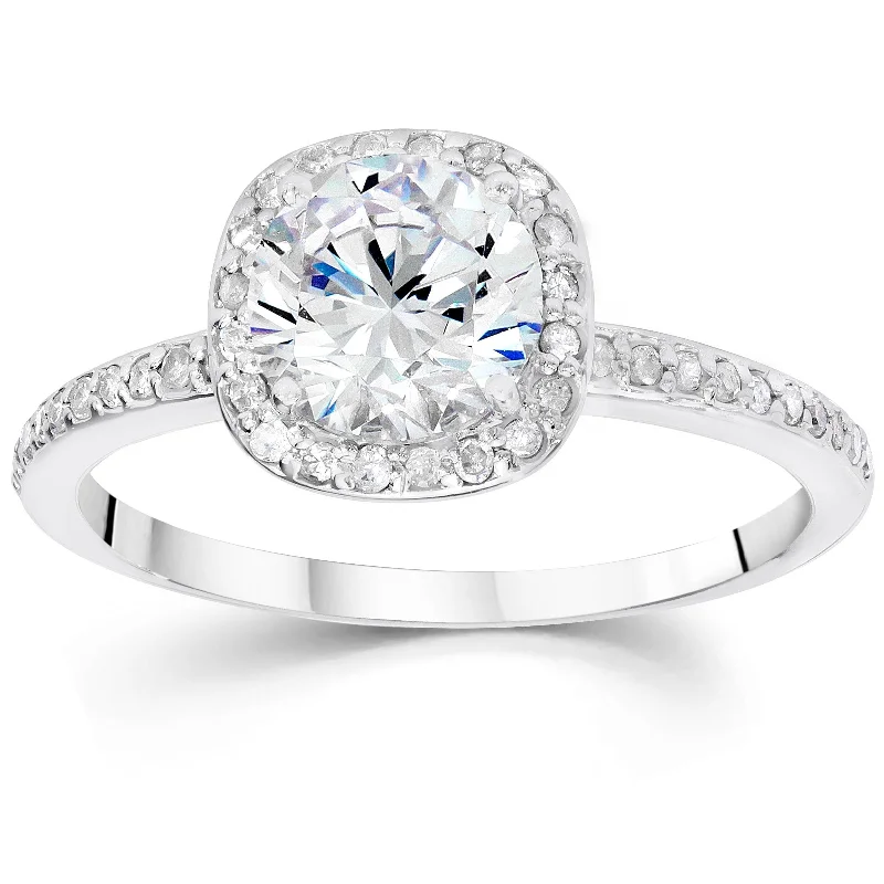 Women’s bezel set engagement rings-5/8ct Cushion Halo Diamond Engagement Ring 14K White Gold