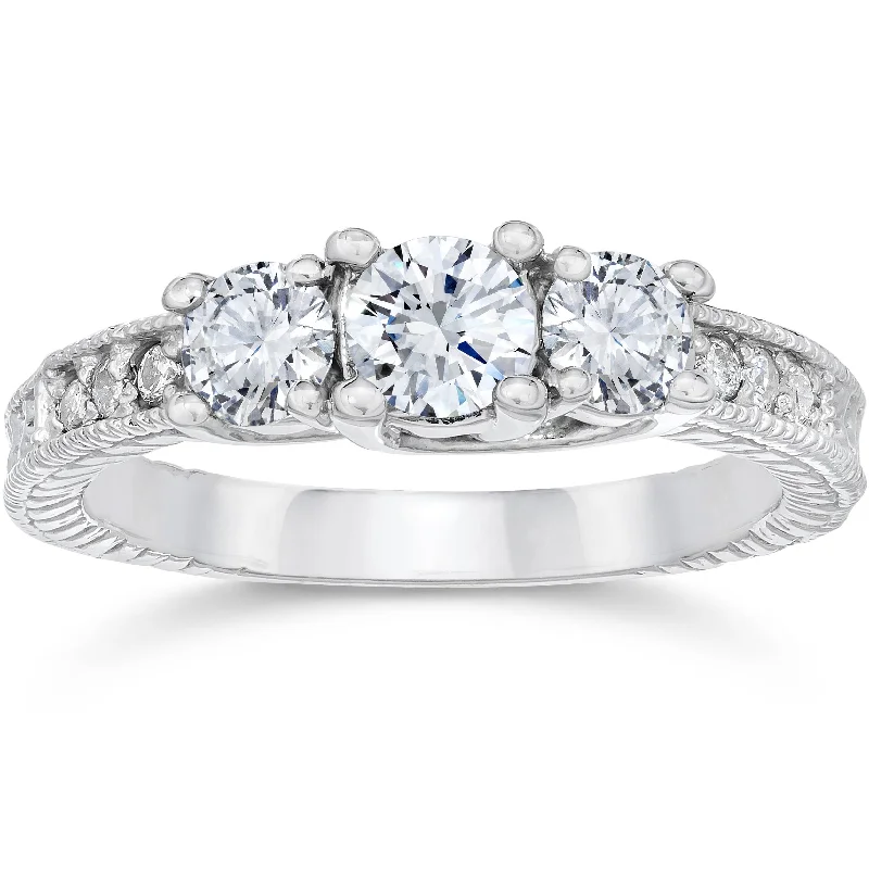 Engagement rings with vintage design-1 1/4ct Vintage 3 Stone Round Diamond Engagement Ring 14K White Gold