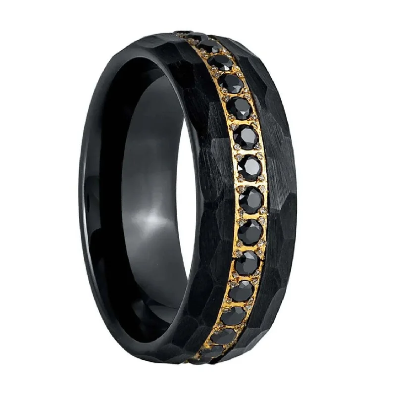 Women’s gemstone cocktail rings-Gold & Black Cubic Zirconia Hammered Black Tungsten Men's Wedding Band