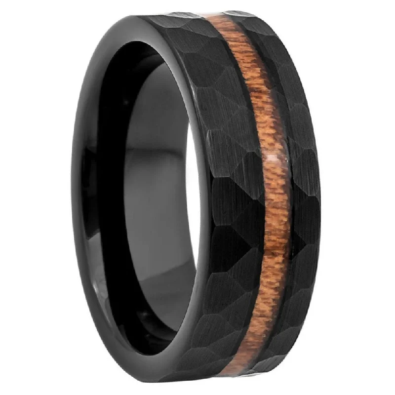 Stackable rings for women-Hammered Black Tungsten Men's Wedding Band with Asymmetrical Wood Inlay