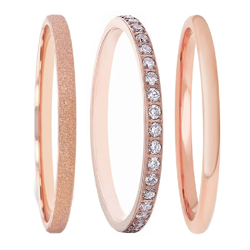 Women’s gemstone cocktail rings-Set of Three Stackable Rose Gold Women's Extra-Thin Wedding Bands