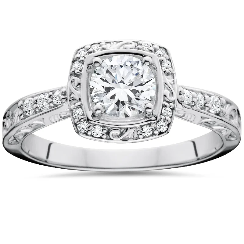 Affordable engagement rings for women-7/8ct Vintage Sculptural Diamond Cushion Halo Engagement Ring 14K White Gold