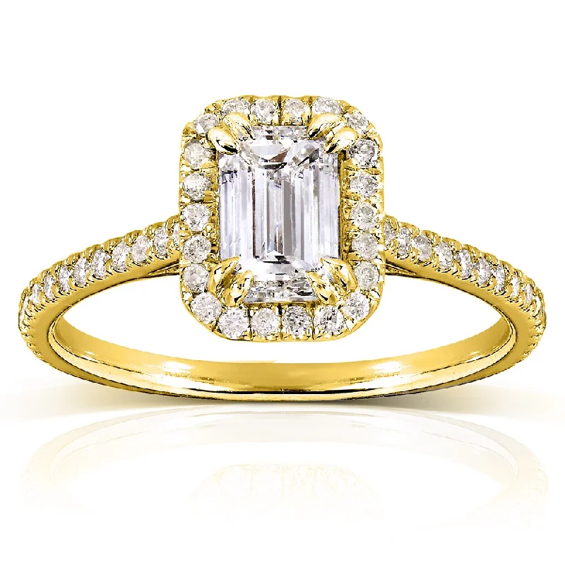 Custom-designed engagement rings-Annello by Kobelli 14k Yellow Gold 1 1/3ct TDW Emerald-cut Diamond Halo Engagement Ring