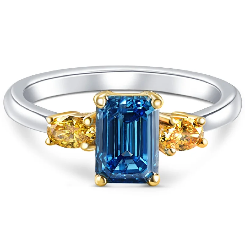 Personalized engagement rings for women-1 1/4Ct Fancy Blue & Yellow Diamond Engagement Three Stone Emerald Ring 14k Gold