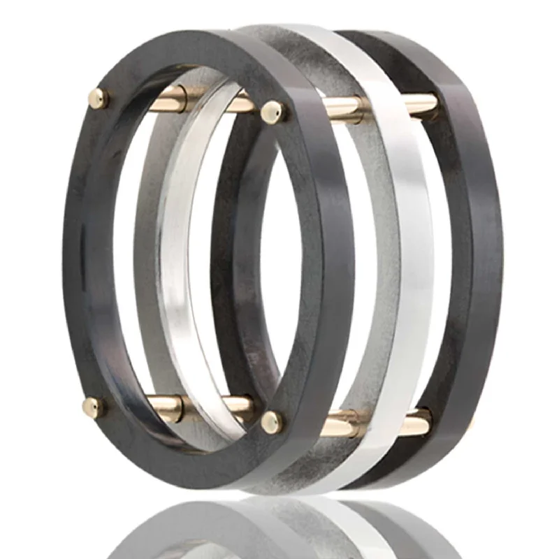 Women’s rings with intricate carvings-Zirconium Men's Wedding Band with Gold Bars