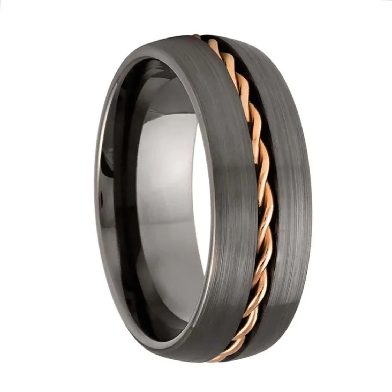 Simple women’s rings-Gunmetal Gray Tungsten Men's Wedding Band with Braided Rose Gold Inlay