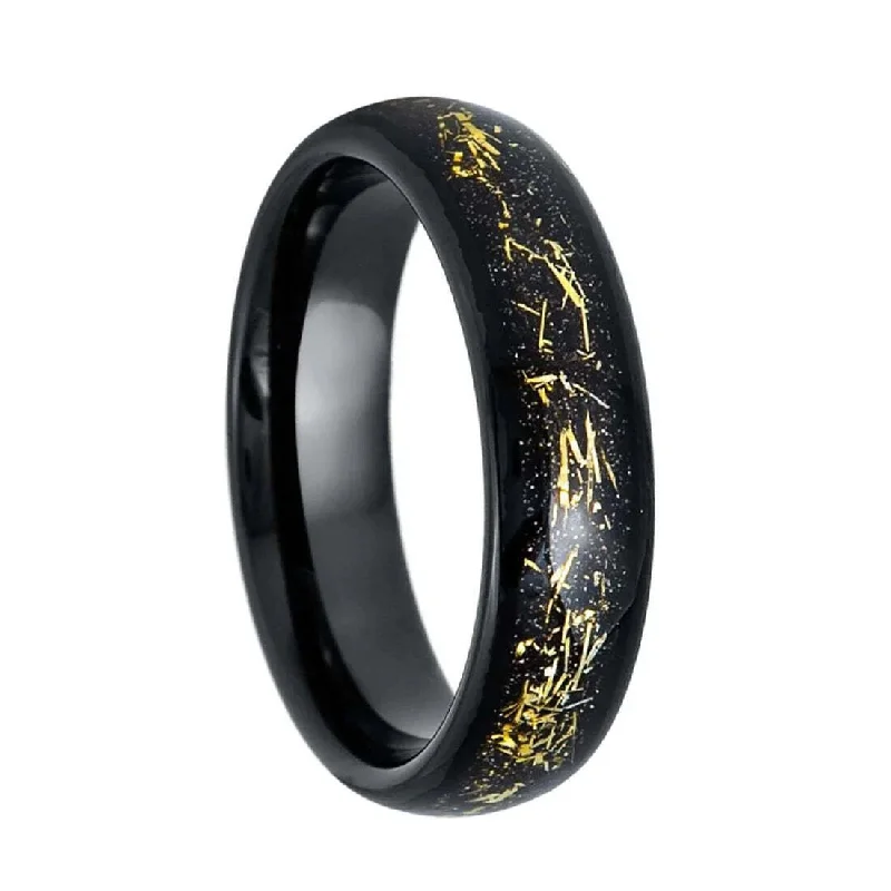 Women’s rings with gemstones-Meteorite Inspired Gold & Black Inlaid Tungsten Women's Wedding Band