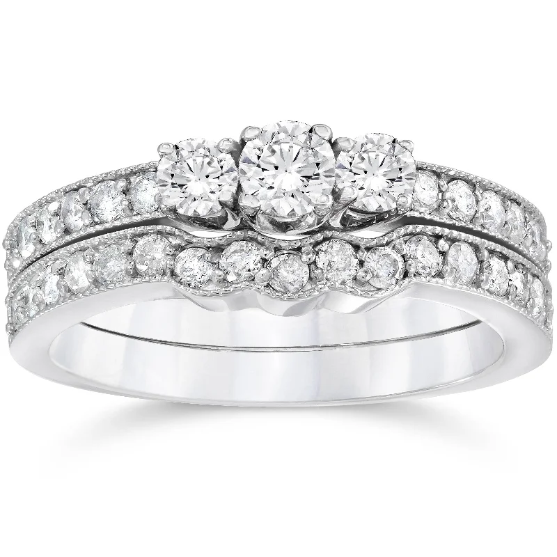 Women’s three-stone engagement rings-3/4ct Three Stone Vintage Diamond Engagement Wedding Ring Set 10K White Gold