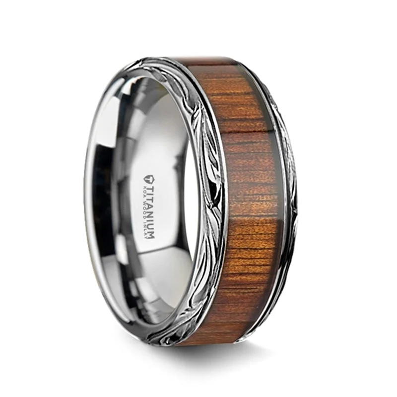 Colorful gemstone rings for women-Intricate Edge Titanium Men's Wedding Band with Koa Wood Inlay