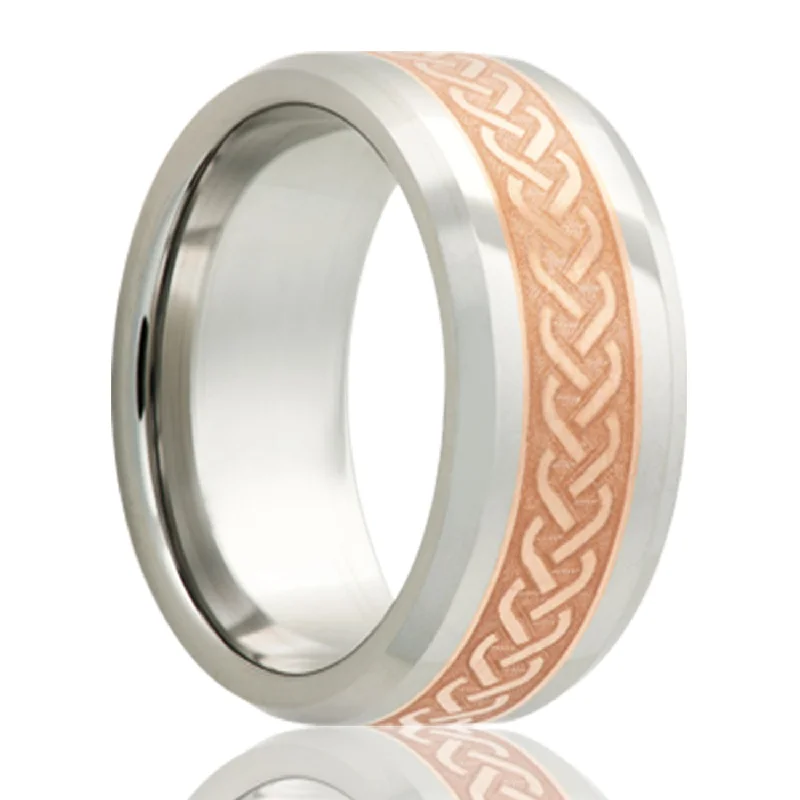 Affordable rings for women-Celtic Pattern Copper Inlay Cobalt Men's Wedding Band with Beveled Edges