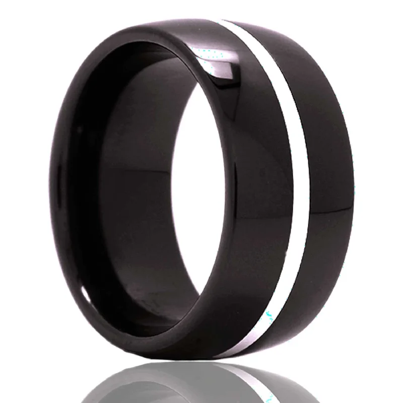 Women’s rings with oval gemstones-Argentium Silver Inlay Domed Black Ceramic Men's Wedding Band