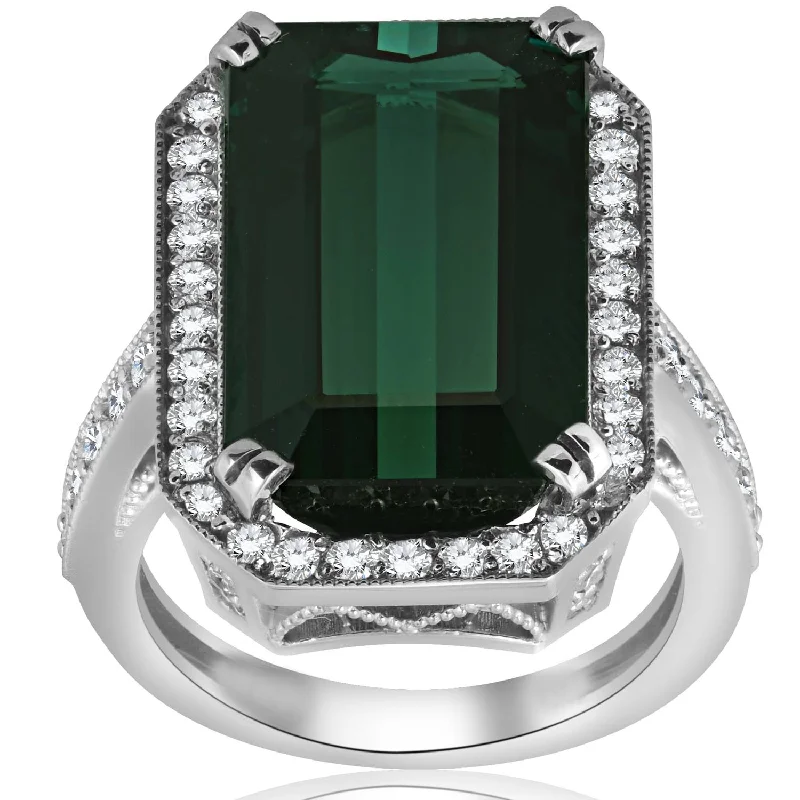 Unique engagement rings for women-11 1/4ct Vintage Tourmaline Pave VVS Diamond Engagement Ring 18K White Gold Size 6