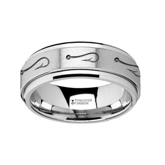 Women’s classic diamond rings-Fish Hook Engraved Tungsten Spinner Wedding Band